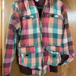 Used Roxy Hooded Winter Coat Womens XL Zips up Plaid Pattern Brown tan green red
